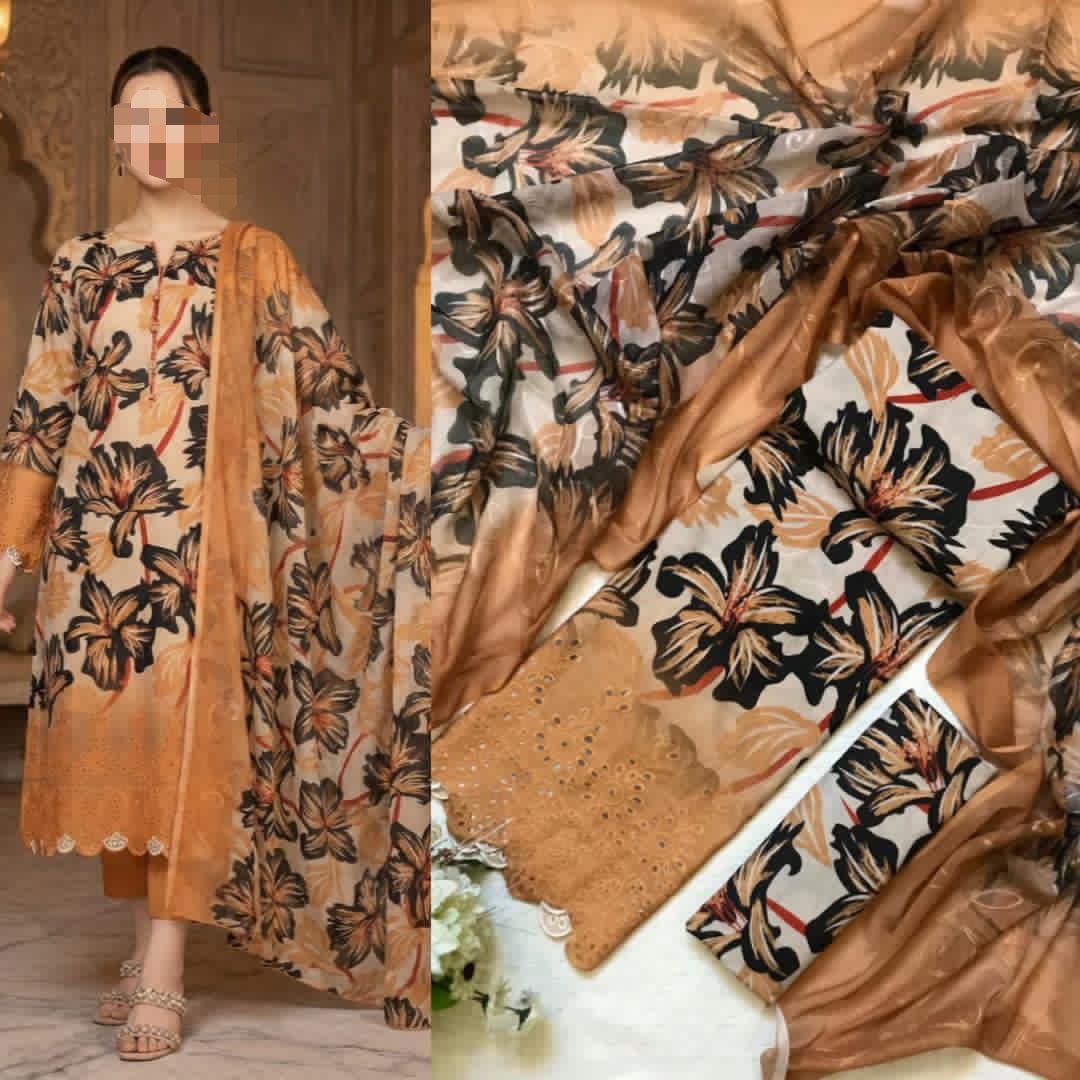 Eid Collection 2026 Swiss Lawn Chikankari 3PC Suit with Digital Print & Chiffon Dupatta