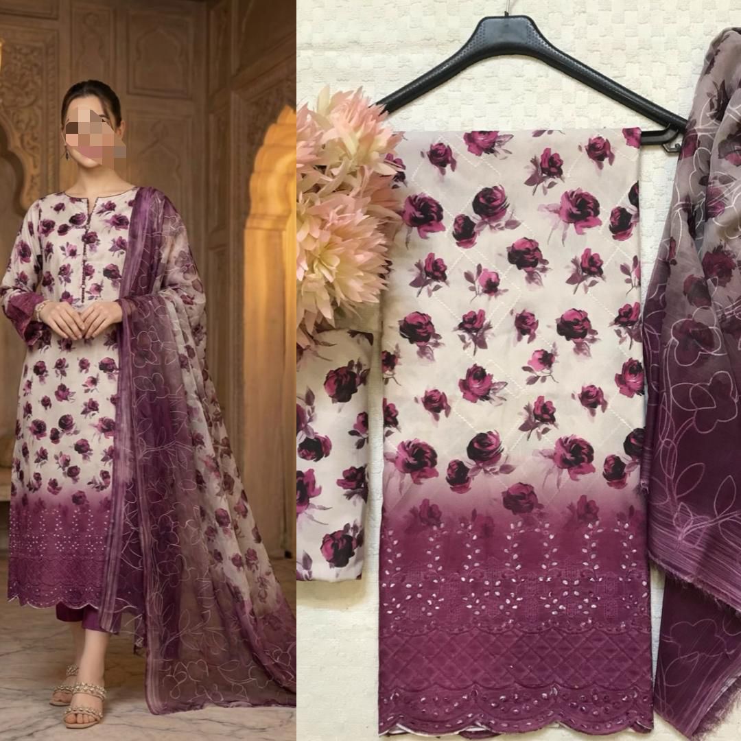 Eid Collection 2026 Swiss Lawn Chikankari 3PC Suit with Digital Print & Chiffon Dupatta