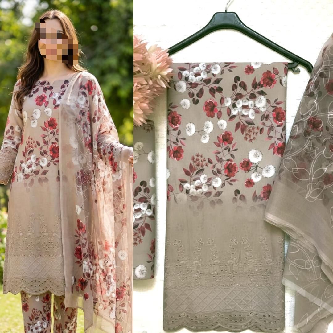Eid Collection 2026 Swiss Lawn Chikankari 3PC Suit with Digital Print & Chiffon Dupatta