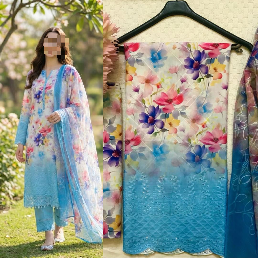 Eid Collection 2026 Swiss Lawn Chikankari 3PC Suit with Digital Print & Chiffon Dupatta
