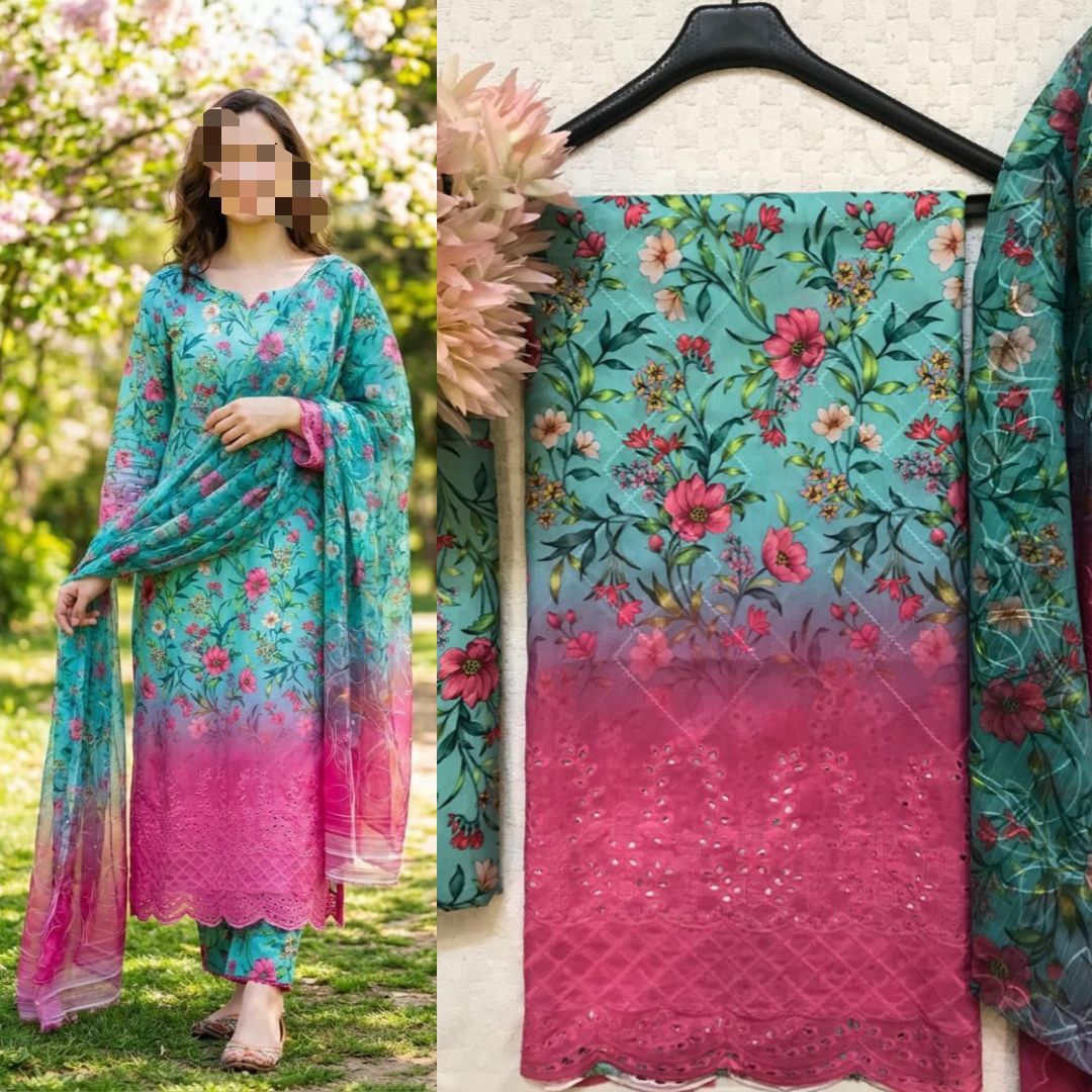 Eid Collection 2026 Swiss Lawn Chikankari 3PC Suit with Digital Print & Chiffon Dupatta
