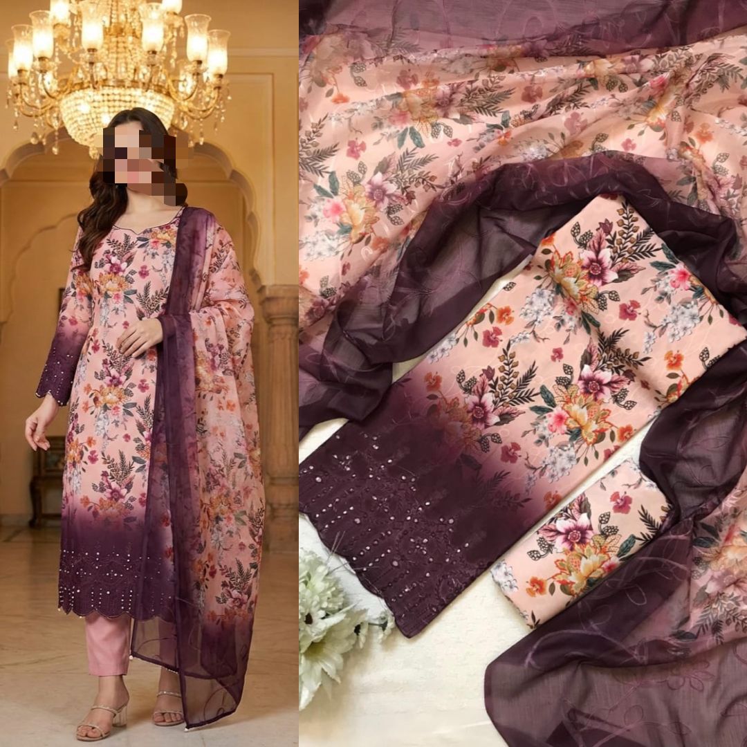 Eid Collection 2026 Swiss Lawn Chikankari 3PC Suit with Digital Print & Chiffon Dupatta