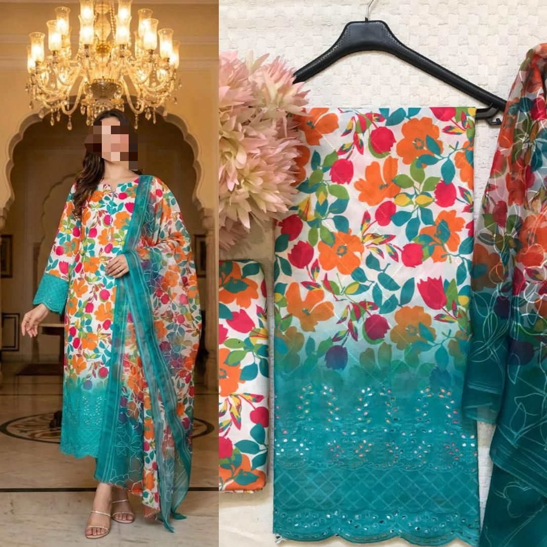 Eid Collection 2026 Swiss Lawn Chikankari 3PC Suit with Digital Print & Chiffon Dupatta