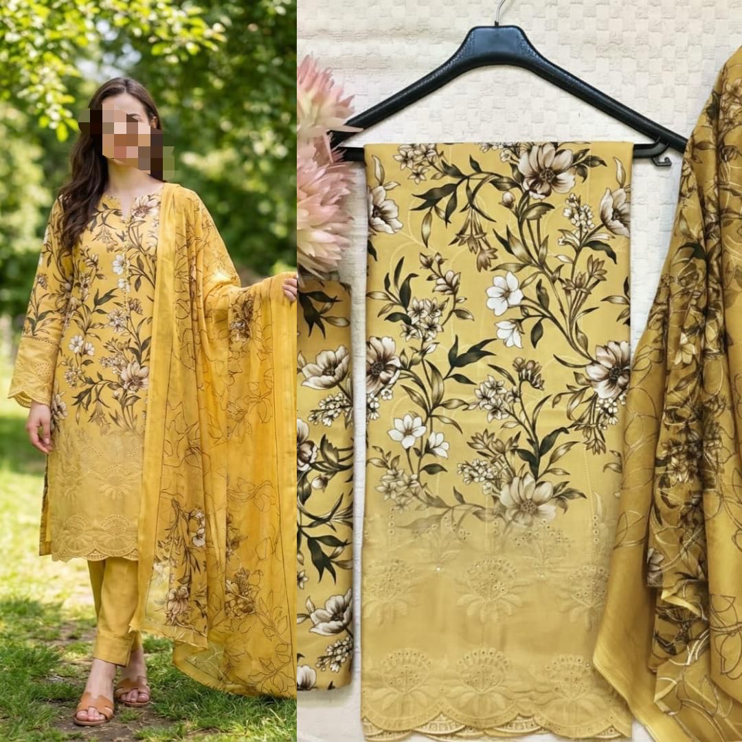 Eid Collection 2026 Swiss Lawn Chikankari 3PC Suit with Digital Print & Chiffon Dupatta