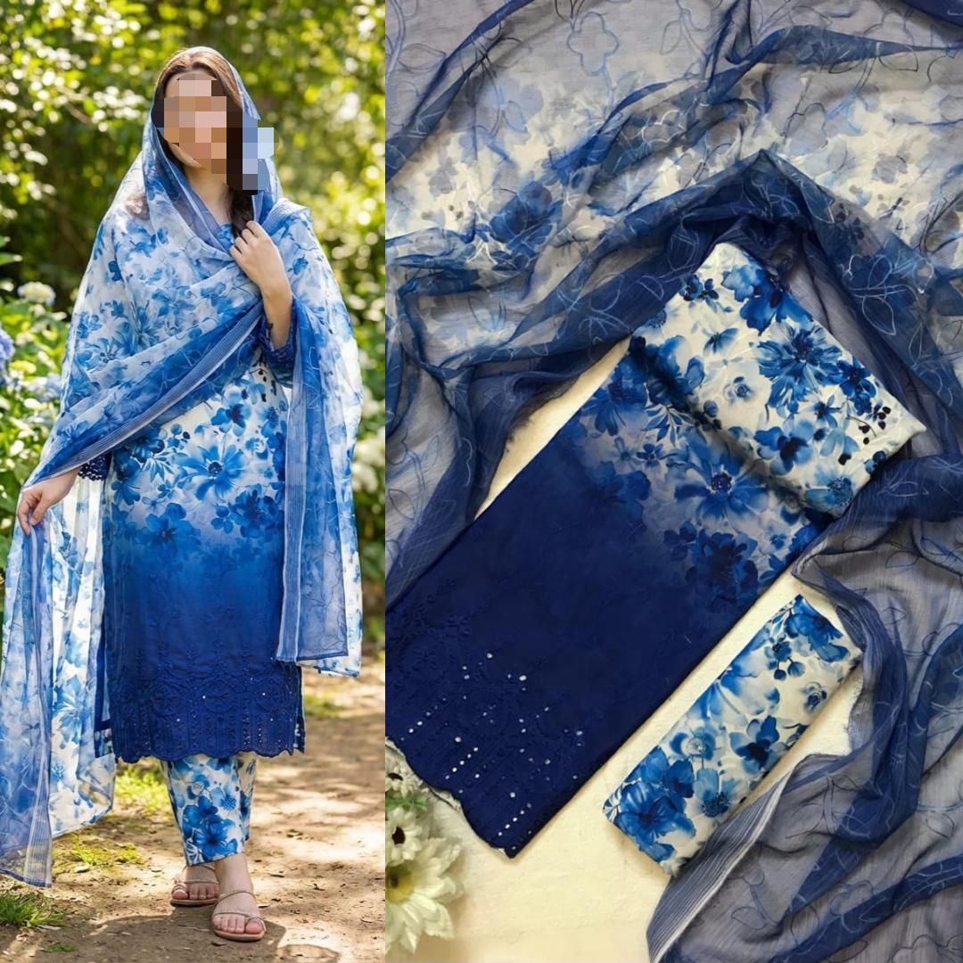 Eid Collection 2026 Swiss Lawn Chikankari 3PC Suit with Digital Print & Chiffon Dupatta