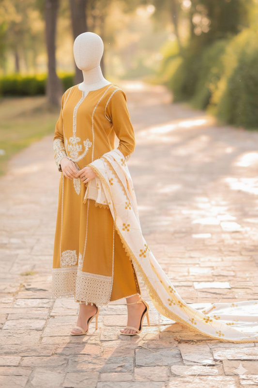 Premium Unstitched Embroidered Dhanak Suit 3 Piece