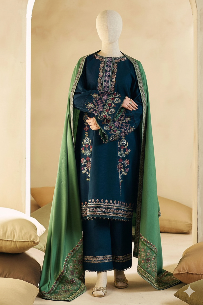 Premium Unstitched Embroidered Dhanak Suit 3 Piece