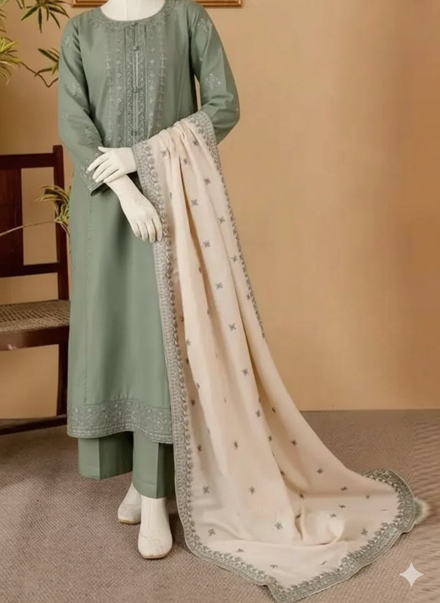 Premium Unstitched Embroidered Dhanak Suit 3 Piece