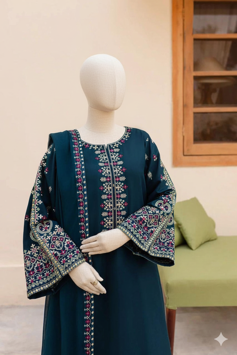 Premium Unstitched Embroidered Dhanak Suit 3 Piece