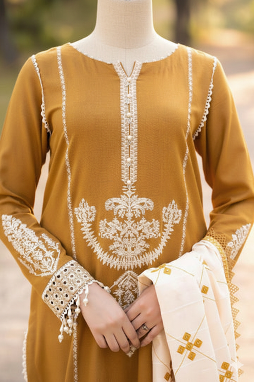 Premium Unstitched Embroidered Dhanak Suit 3 Piece