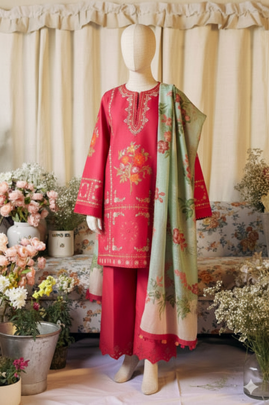 Premium Unstitched Embroidered Dhanak Suit 3 Piece