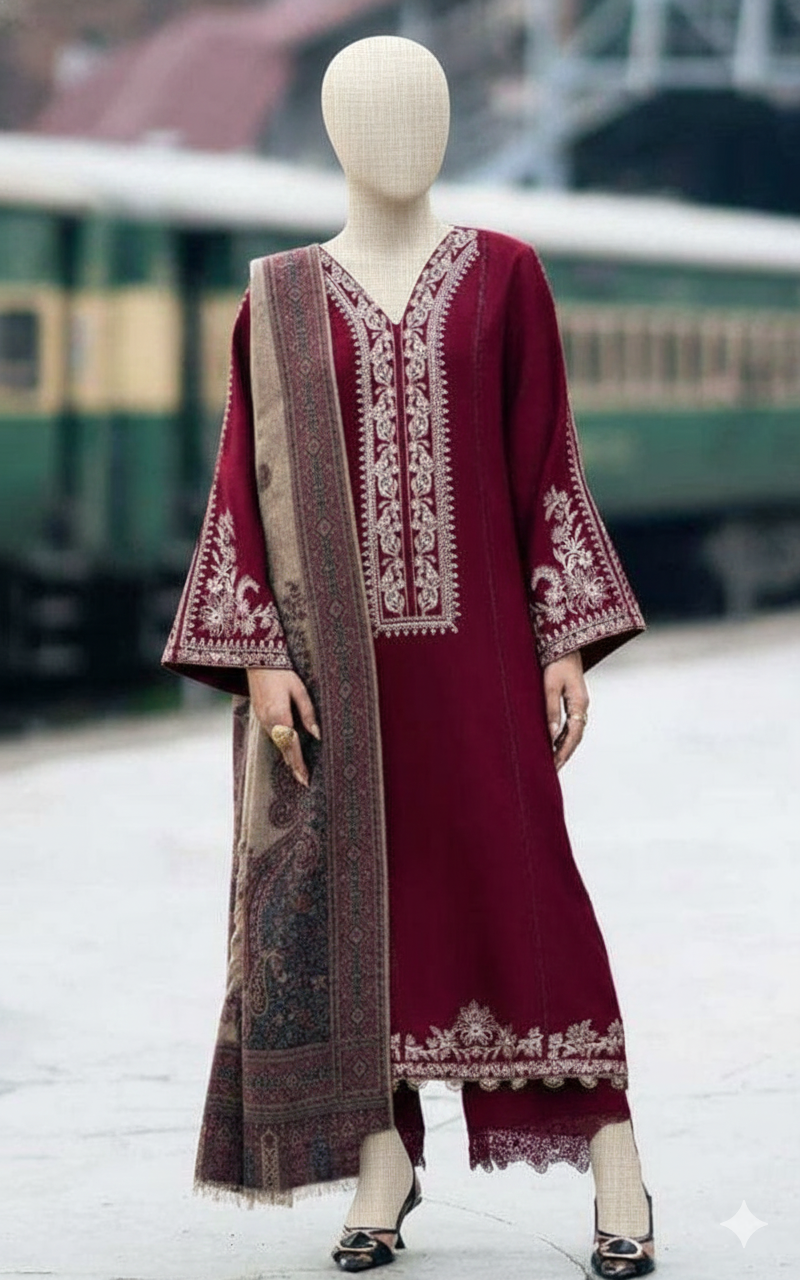 Premium Unstitched Embroidered Dhanak Suit 3 Piece