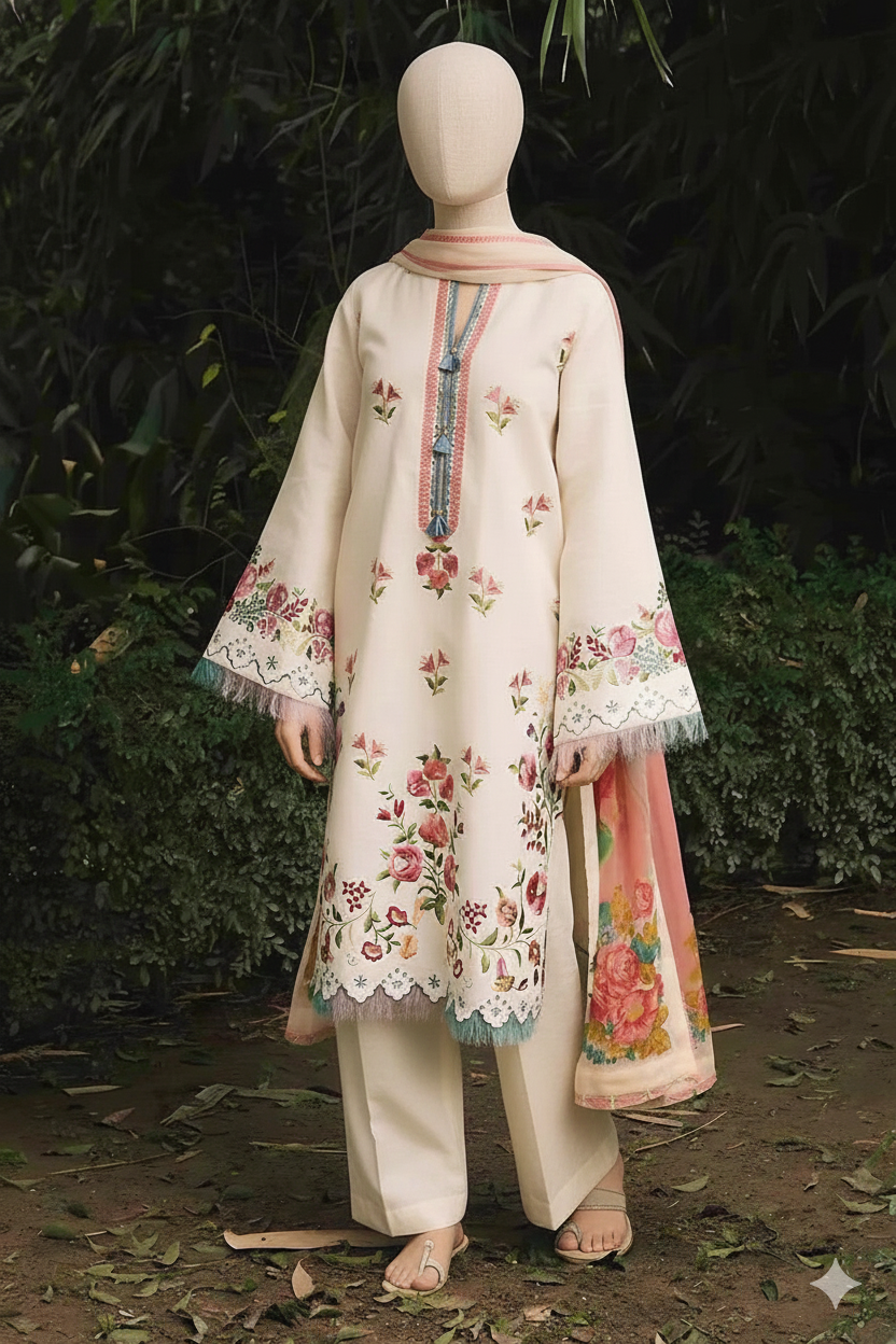 Premium Unstitched Embroidered Dhanak Suit 3 Piece