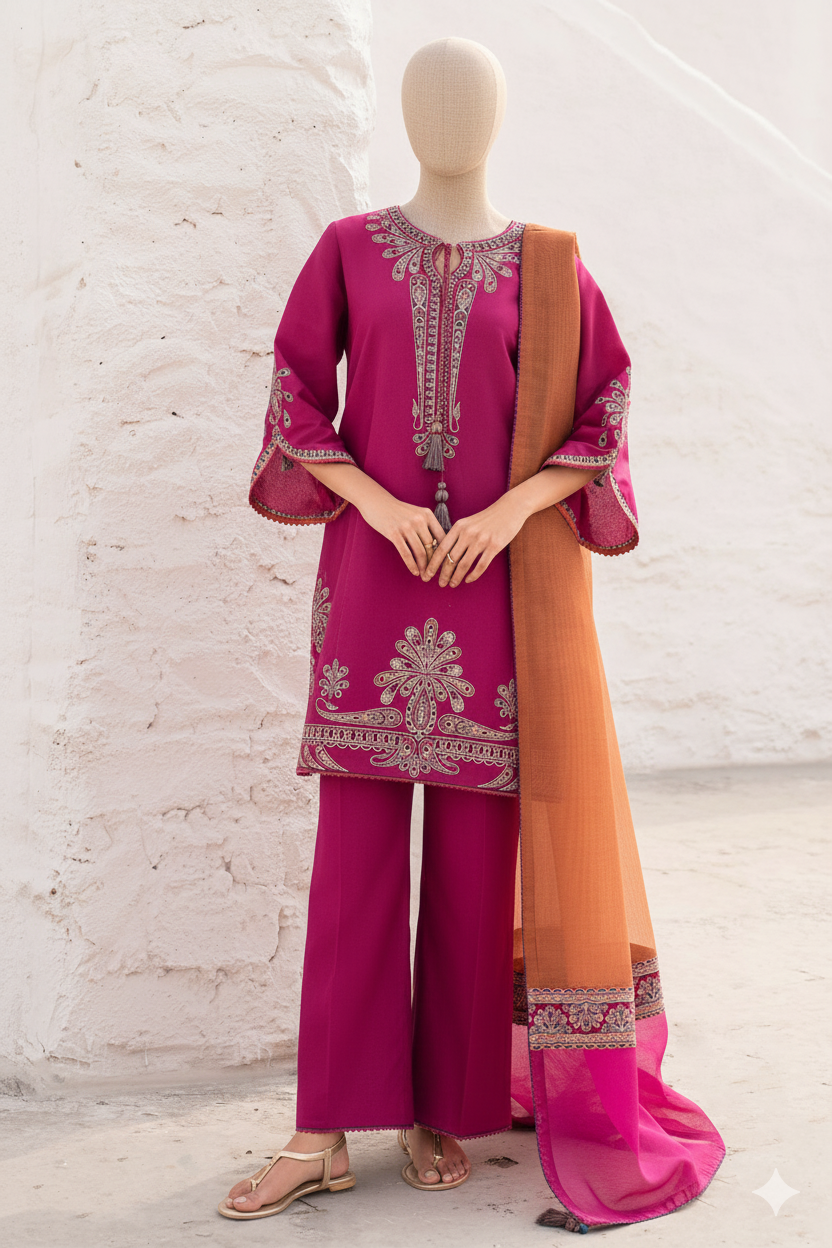 Premium Unstitched Embroidered Dhanak Suit 3 Piece