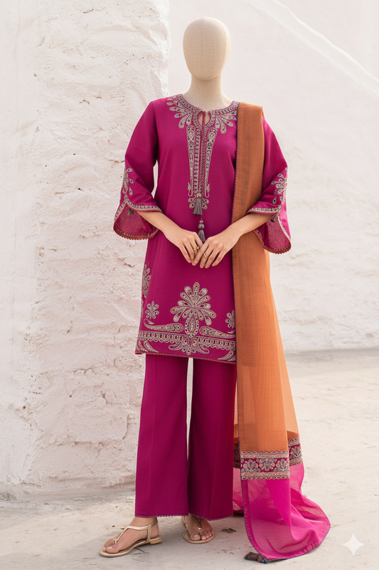 Premium Unstitched Embroidered Dhanak Suit 3 Piece