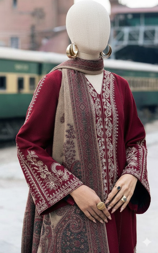 Premium Unstitched Embroidered Dhanak Suit 3 Piece