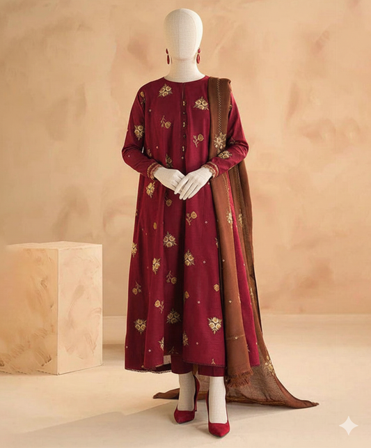 Premium Unstitched Embroidered Dhanak Suit 3 Piece