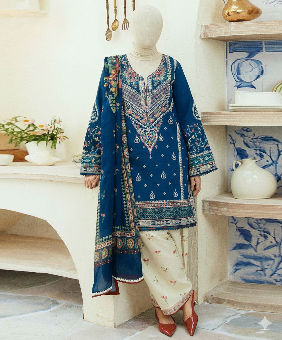 Premium Unstitched Embroidered Dhanak Suit 3 Piece