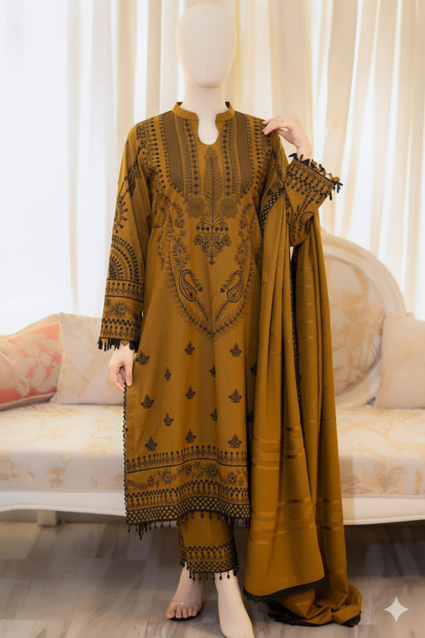 Premium Unstitched Embroidered Dhanak Suit 3 Piece