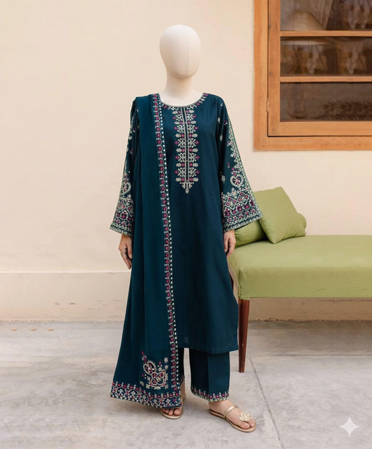 Premium Unstitched Embroidered Dhanak Suit 3 Piece