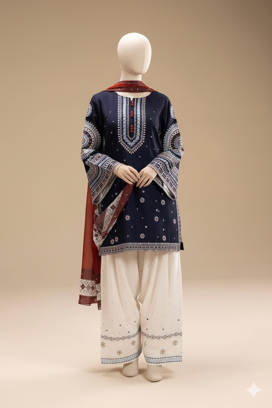 Premium Unstitched Embroidered Dhanak Suit 3 Piece