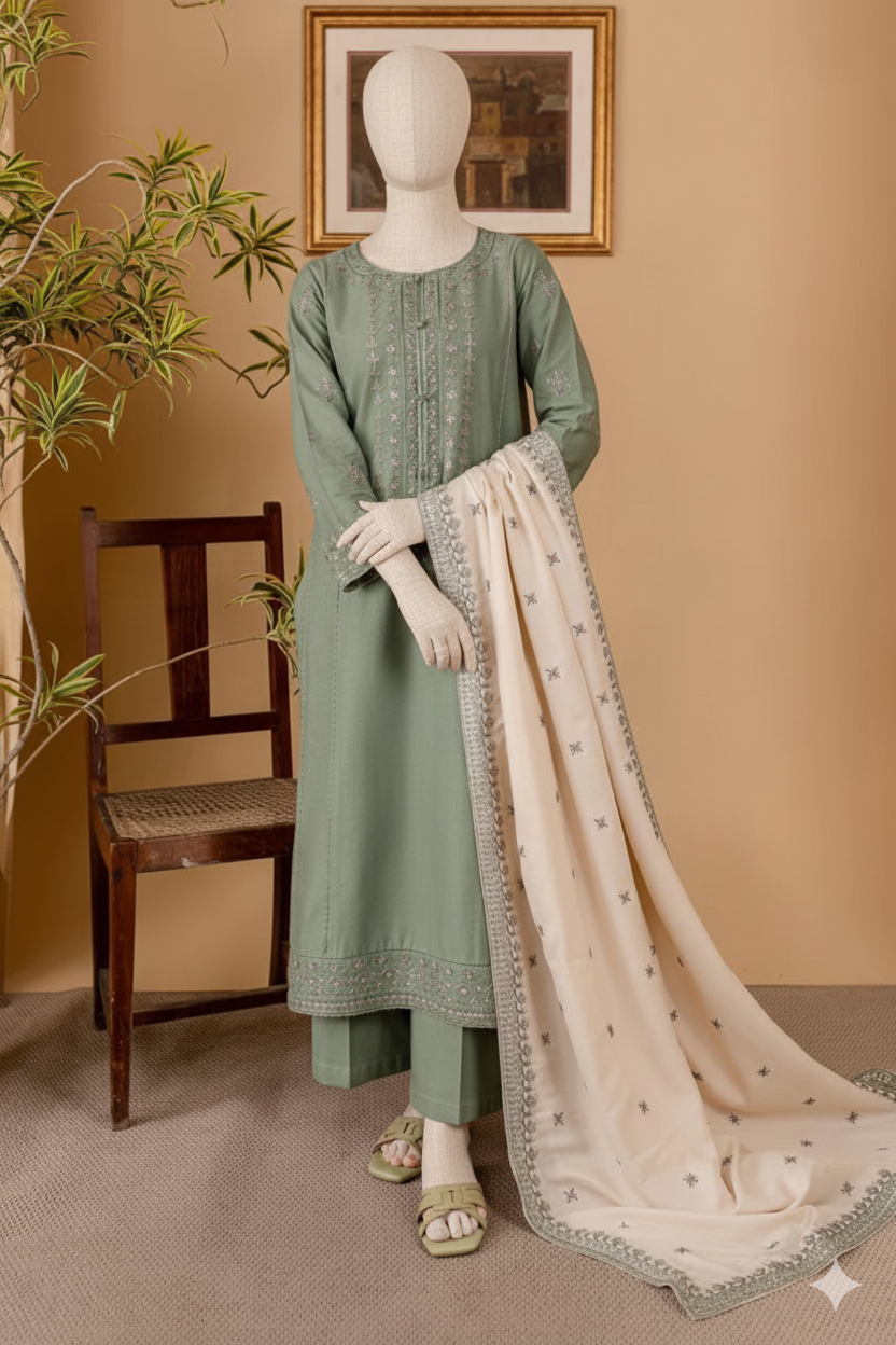 Premium Unstitched Embroidered Dhanak Suit 3 Piece