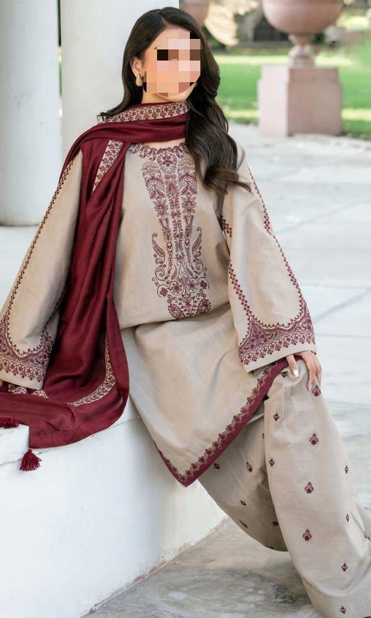 Premium Unstitched Embroidered Dhanak Suit 3 Piece