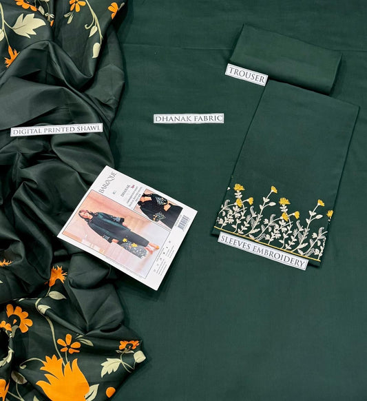 Premium Unstitched Embroidered Dhanak Suit 3 Piece