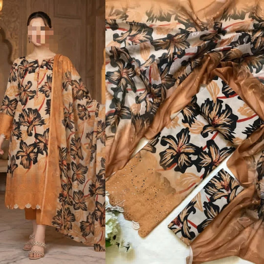 Eid Collection 2026 Swiss Lawn Chikankari 3PC Suit with Digital Print & Chiffon Dupatta