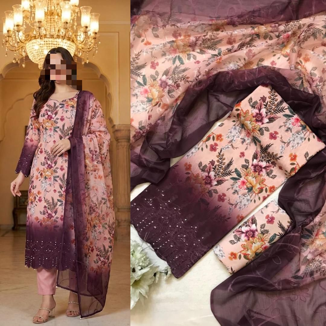 Eid Collection 2026 Swiss Lawn Chikankari 3PC Suit with Digital Print & Chiffon Dupatta