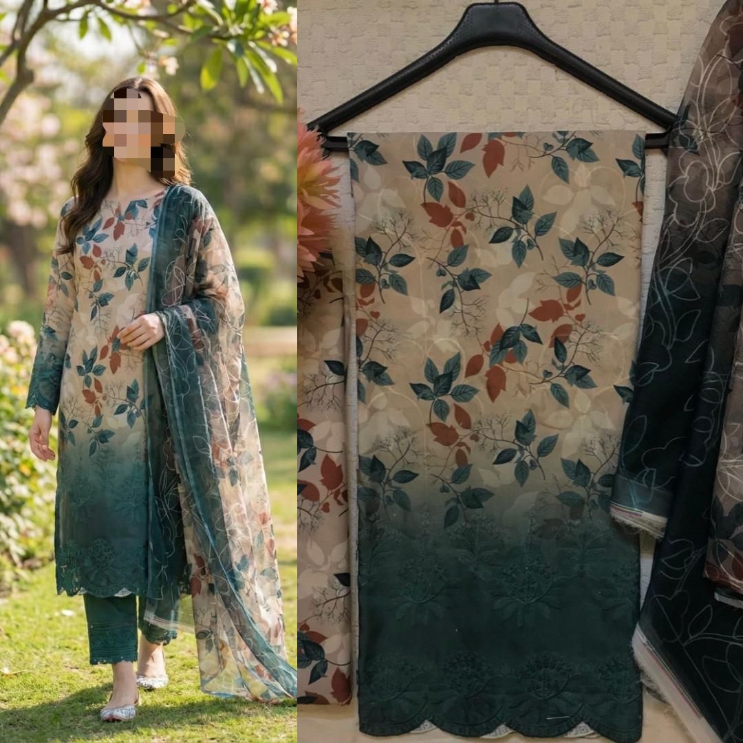 Eid Collection 2026 Swiss Lawn Chikankari 3PC Suit with Digital Print & Chiffon Dupatta