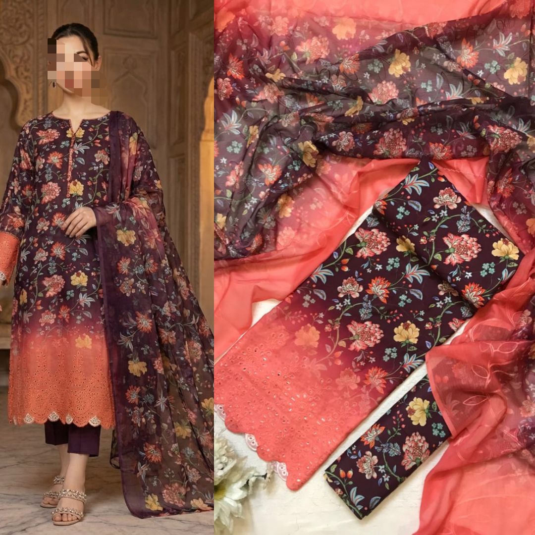 Eid Collection 2026 Swiss Lawn Chikankari 3PC Suit with Digital Print & Chiffon Dupatta