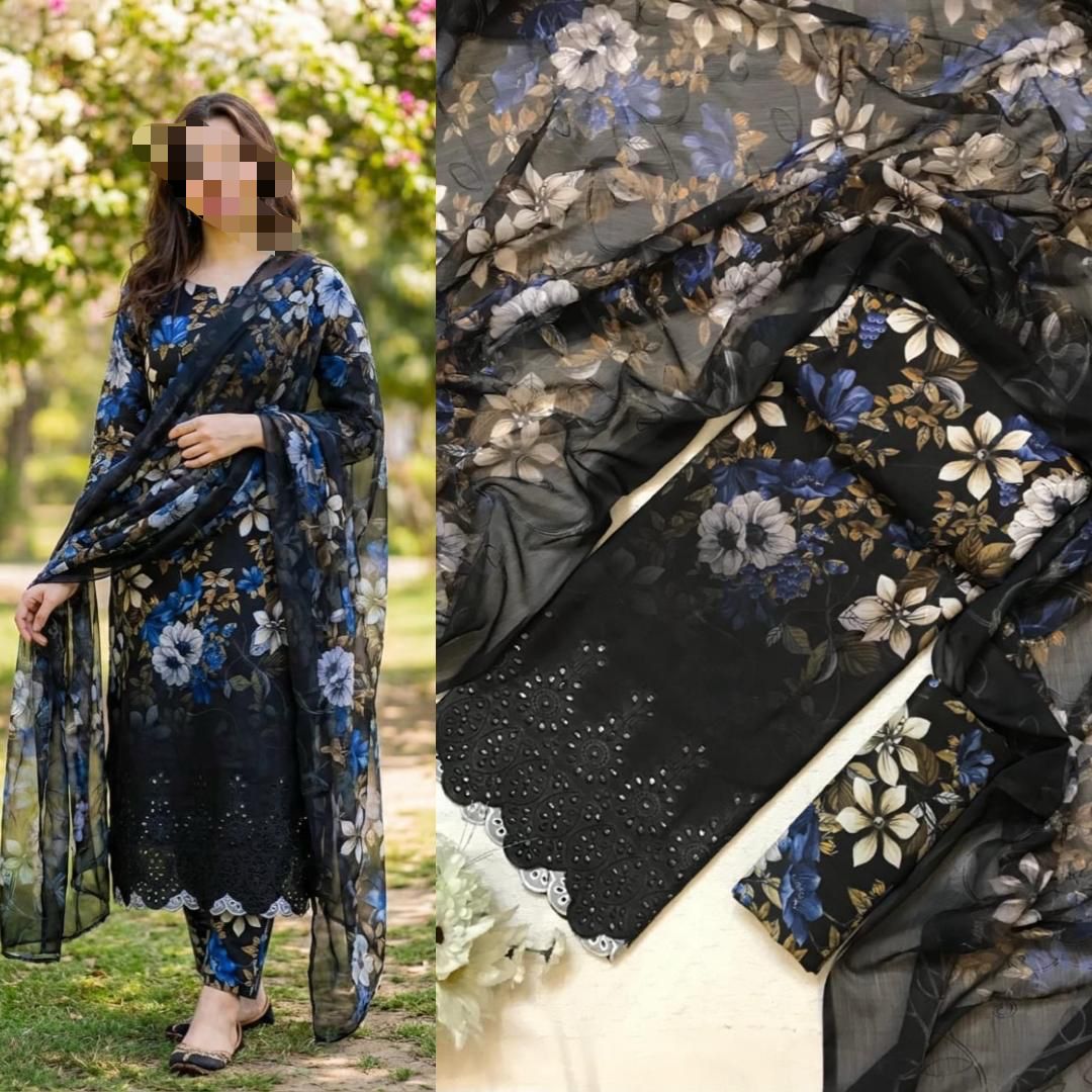 Eid Collection 2026 Swiss Lawn Chikankari 3PC Suit with Digital Print & Chiffon Dupatta
