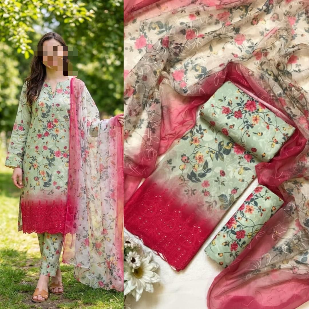 Eid Collection 2026 Swiss Lawn Chikankari 3PC Suit with Digital Print & Chiffon Dupatta