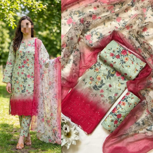 Eid Collection 2026 Swiss Lawn Chikankari 3PC Suit with Digital Print & Chiffon Dupatta