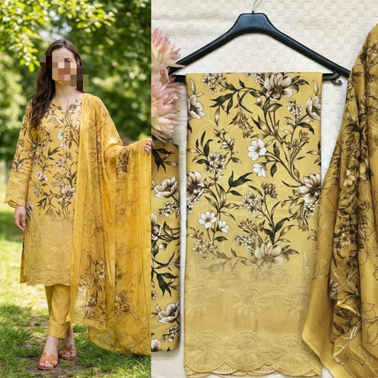 Eid Collection 2026 Swiss Lawn Chikankari 3PC Suit with Digital Print & Chiffon Dupatta