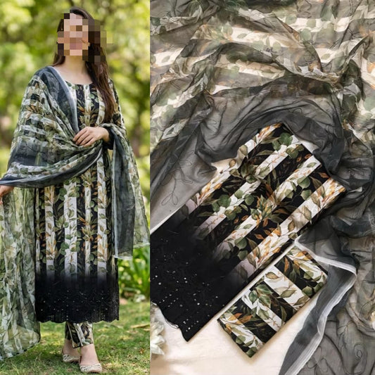 Eid Collection 2026 Swiss Lawn Chikankari 3PC Suit with Digital Print & Chiffon Dupatta