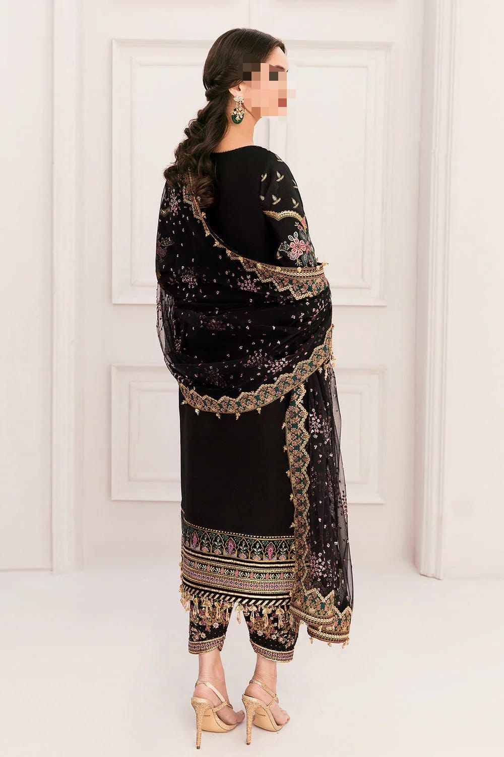 Baroque Inspired Heavy Embroidered Adda Work Bridal Net 3PC Suit – Black