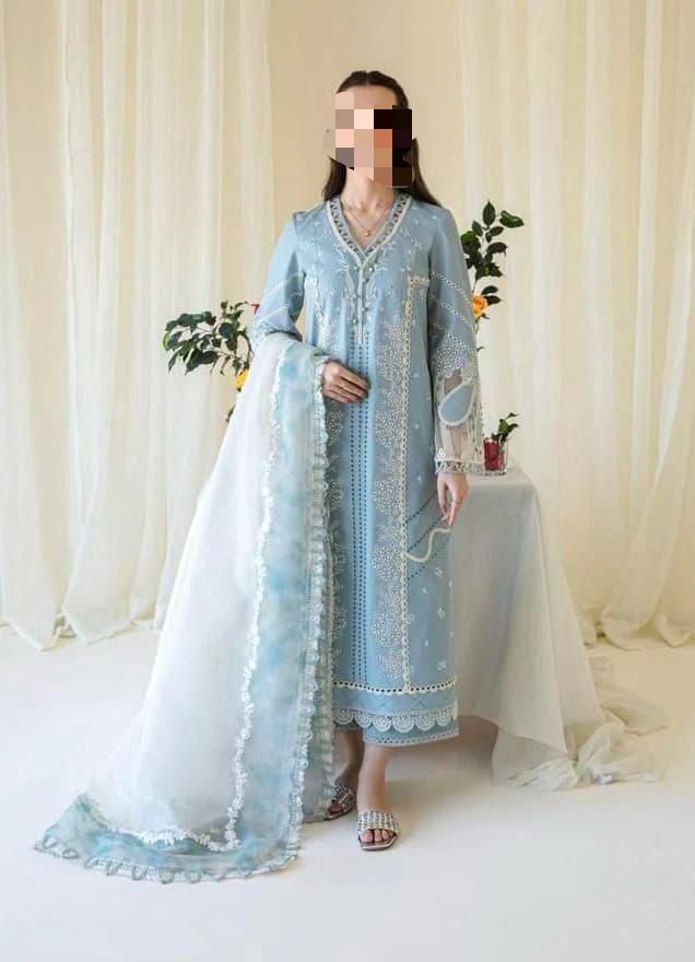Qalamkar Lawn Cotton Unstitched Replica 3PC with Organza Tissue Embroidered Dupatta